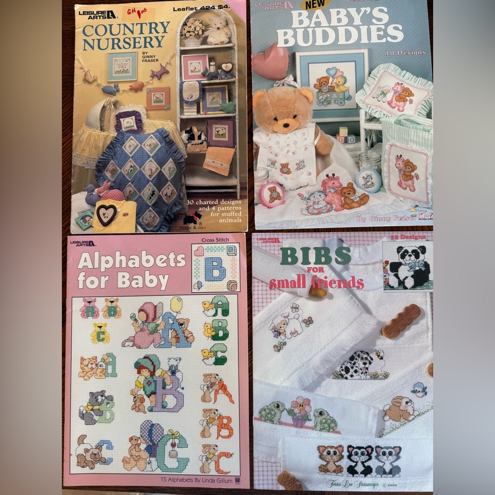 Leisure Arts Cross stitch pattern lot of 4 Nursery ABCs Bibs‎ Baby’s Buddies